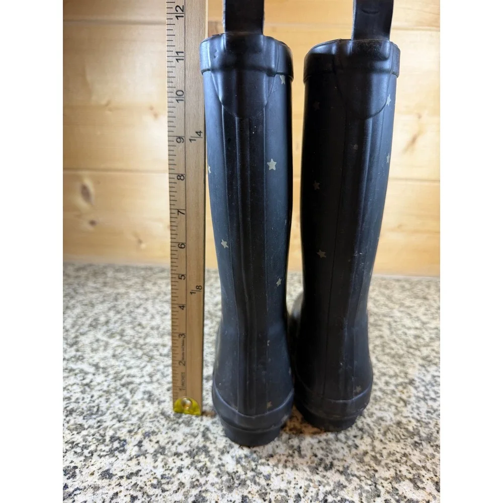 Black Rubber Star Print Rain Boots Waterproof Mid-Calf Pull On Size 1